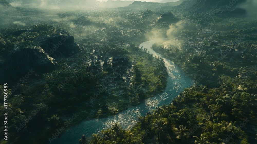 Serene Aerial View of Lush Greenery with Meandering River, Enveloped in Mist Amidst Majestic Mountains and Vibrant Tropical Forests at Dawn Serene Aerial View of Lush Greenery with Meandering River, Enveloped in Mist Amidst Majestic Mountains and Vibrant Tropical Forests at Dawn
