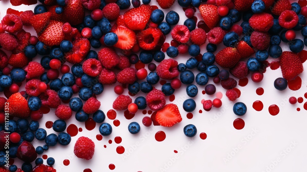 A vibrant assortment of red and blue berries scattered artistically on a white surface, showcasing a mix of fresh strawberries, raspberries, and blueberries. A vibrant assortment of red and blue berries scattered artistically on a white surface, showcasing a mix of fresh strawberries, raspberries, and blueberries.