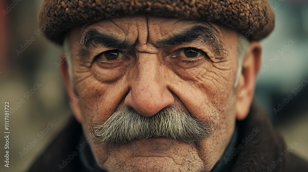 Close-up portrait of an elderly man with a serious expression, wearing a brown hat. Close-up portrait of an elderly man with a serious expression, wearing a brown hat.