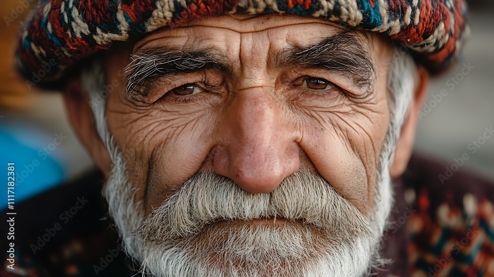 Close-up portrait of an elderly man with a weathered face and traditional hat, showing age, wisdom, and character. Close-up portrait of an elderly man with a weathered face and traditional hat, showing age, wisdom, and character.