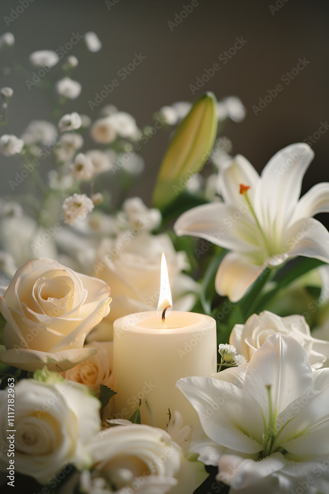 Fototapeta premium A candle is lit in a vase of white flowers. The candle is surrounded by roses and lilies. Concept of warmth and serenity