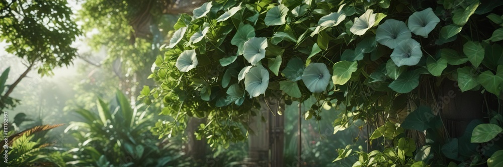 Lush green morning glory foliage in tropical setting, growth, tropical setting, plants Lush green morning glory foliage in tropical setting, growth, tropical setting, plants