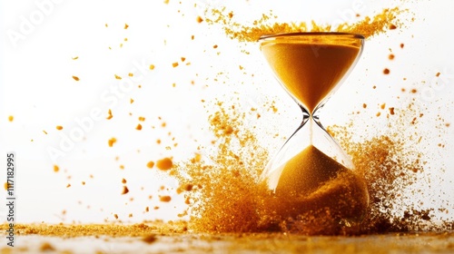 A dynamic hourglass filled with golden sand, splashing as it tips, symbolizing the passage of time and the inevitability of change.