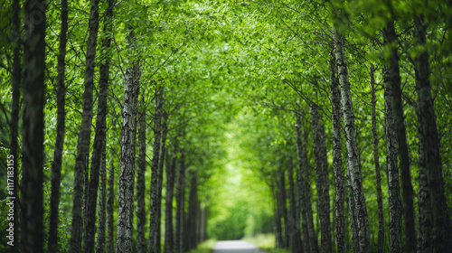 Serene tree-lined pathway inviting peaceful walks through lush green foliage.