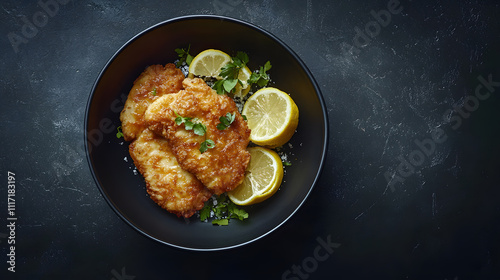 Classic viennese wiener schnitzel, golden fried top view gourmet, authentic lunch austrian cutlet, succulent lemon food, traditional delicious homemade. photo