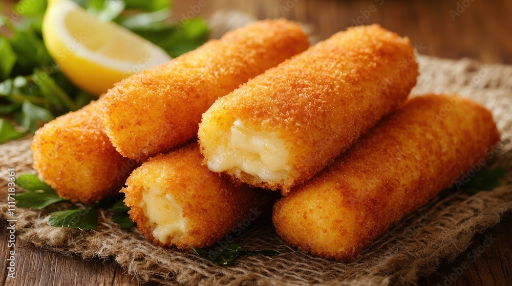Crispy Golden Breaded Cheese Sticks Served on Rustic Wood Table Crispy Golden Breaded Cheese Sticks Served on Rustic Wood Table