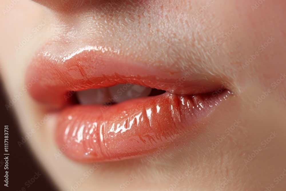 Obraz premium A woman's lips are painted with a bright red lip gloss