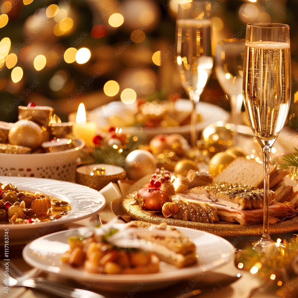 A table with a variety of food and drinks, including a plate of sandwiches and a glass of champagne A table with a variety of food and drinks, including a plate of sandwiches and a glass of champagne