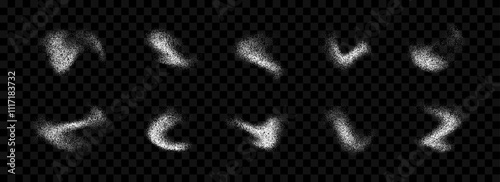 White powder splash collection. Grunge grain spray texture set. Dotted curved smudged brush stain bundle. Sand noise splattered overlay pack. Abstract stippled fluid grain gradient shapes. Vector