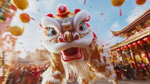 Vibrant lion dance performance during a festive celebration, surrounded by confetti and lanterns.