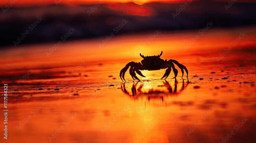Silhouetted Crab Walking on Wet Sand at Sunset Over Colorful Waves Silhouetted Crab Walking on Wet Sand at Sunset Over Colorful Waves