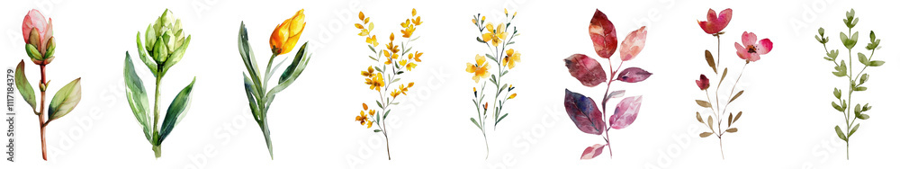 Obraz premium PNG Watercolor flowers leaf set on transparent background