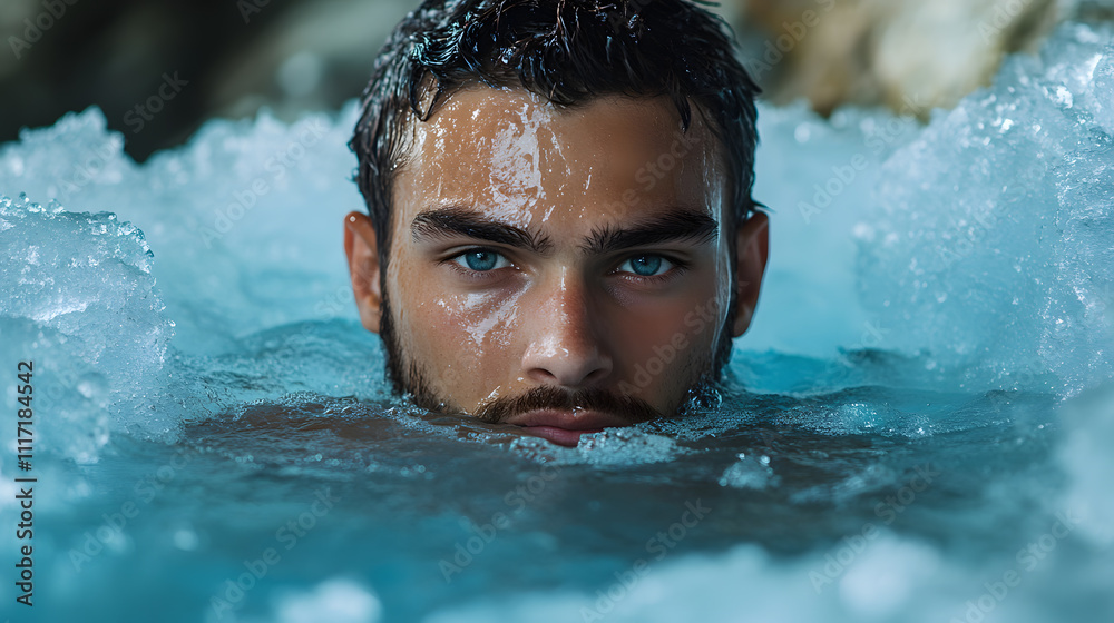 Resilient man ice bath, invigorating cold water immersion, determined plunge anti inflammatory immunity fitness, energetic healthy therapy, wellness strength vitality. Resilient man ice bath, invigorating cold water immersion, determined plunge anti inflammatory immunity fitness, energetic healthy therapy, wellness strength vitality.