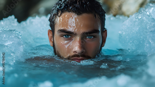 Resilient man ice bath, invigorating cold water immersion, determined plunge anti inflammatory immunity fitness, energetic healthy therapy, wellness strength vitality. photo