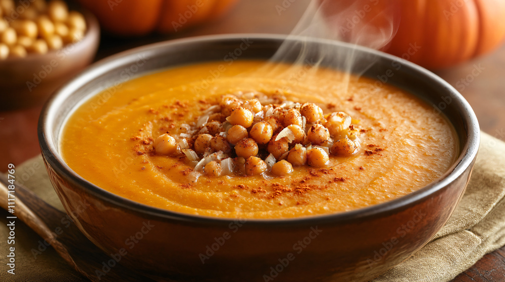 A steaming bowl of pumpkin soup with a topping of caramelized onions and a side of crunchy roasted chickpeas. A steaming bowl of pumpkin soup with a topping of caramelized onions and a side of crunchy roasted chickpeas.