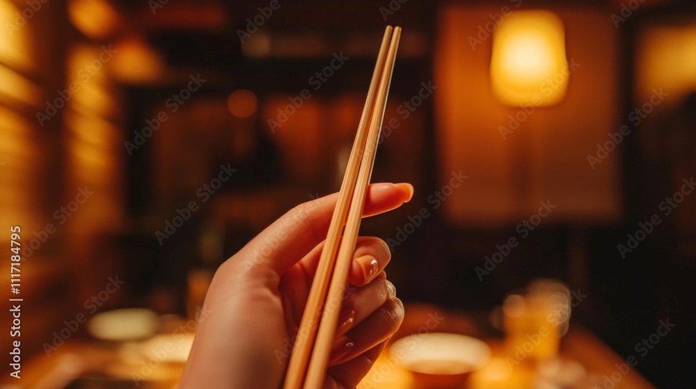 Authentic Asian Dining Close up of Hand Holding Chopsticks Authentic Asian Dining Close up of Hand Holding Chopsticks