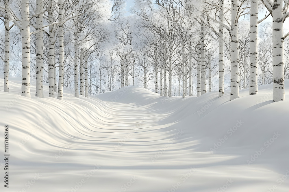 Naklejka premium Snowy path through birch forest.