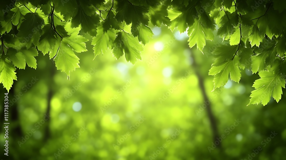 Lush green leaves frame a sunlit forest background Lush green leaves frame a sunlit forest background