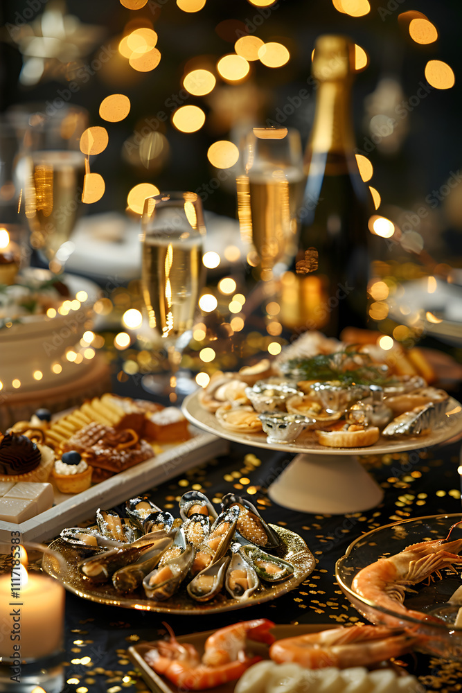 A table is set with a variety of food and drinks, including champagne and oysters. The table is decorated with a Christmas tree and other festive elements, creating a warm and inviting atmosphere A table is set with a variety of food and drinks, including champagne and oysters. The table is decorated with a Christmas tree and other festive elements, creating a warm and inviting atmosphere
