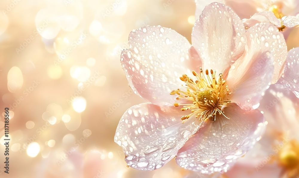 Dew-kissed pink flower blossoms with bokeh background.
