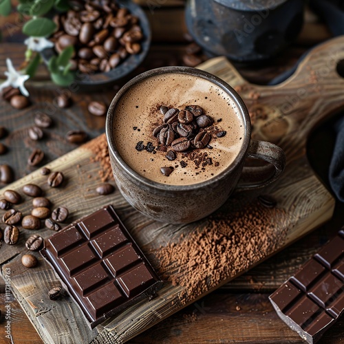 Mocha drink with chocolate and coffee beans.