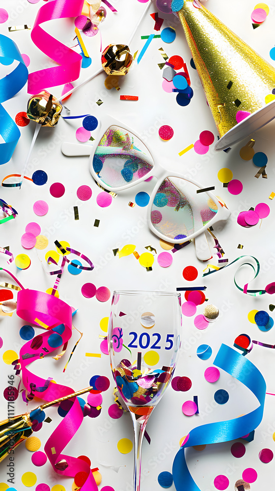 Obraz premium A festive scene with confetti, a champagne glass, and sunglasses. The glasses and champagne glass are placed on top of a table, surrounded by colorful confetti. Concept of celebration and joy