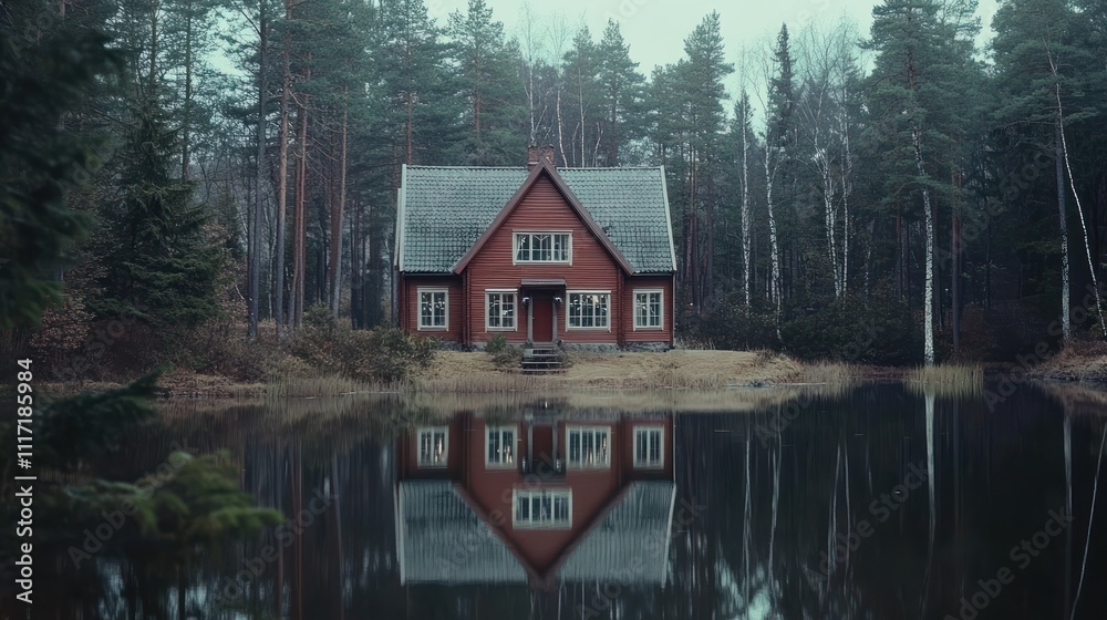 Obraz premium A serene red house by a calm lake surrounded by tall trees in a misty environment.