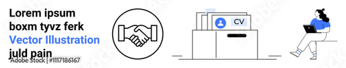 Handshake icon, CV folder, and woman working on a laptop symbolize job application process. Ideal for career services, job websites, HR platforms, employment agencies, resume builders, recruitment
