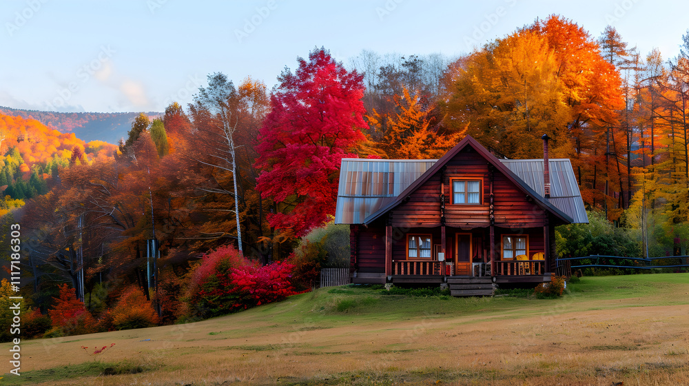 A rustic log cabin sits in a lush green field with autumn leaves falling around it. The house is surrounded by trees and has a porch with a chimney. The scene is peaceful and serene A rustic log cabin sits in a lush green field with autumn leaves falling around it. The house is surrounded by trees and has a porch with a chimney. The scene is peaceful and serene