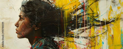 A striking profile of a woman reveals her flowing hair intertwined with lively brushstrokes, creating a mystical fusion of art and emotion in a radiant yellow setting. Generative AI