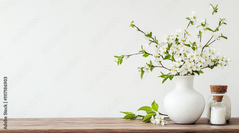 Spring Blossoms in White Vase Wooden Table Minimalist Decor Spring Blossoms in White Vase Wooden Table Minimalist Decor