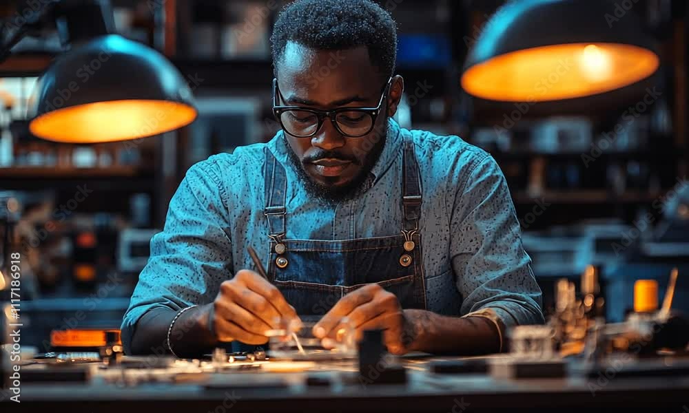 A focused craftsman working on intricate details in a workshop. A focused craftsman working on intricate details in a workshop.