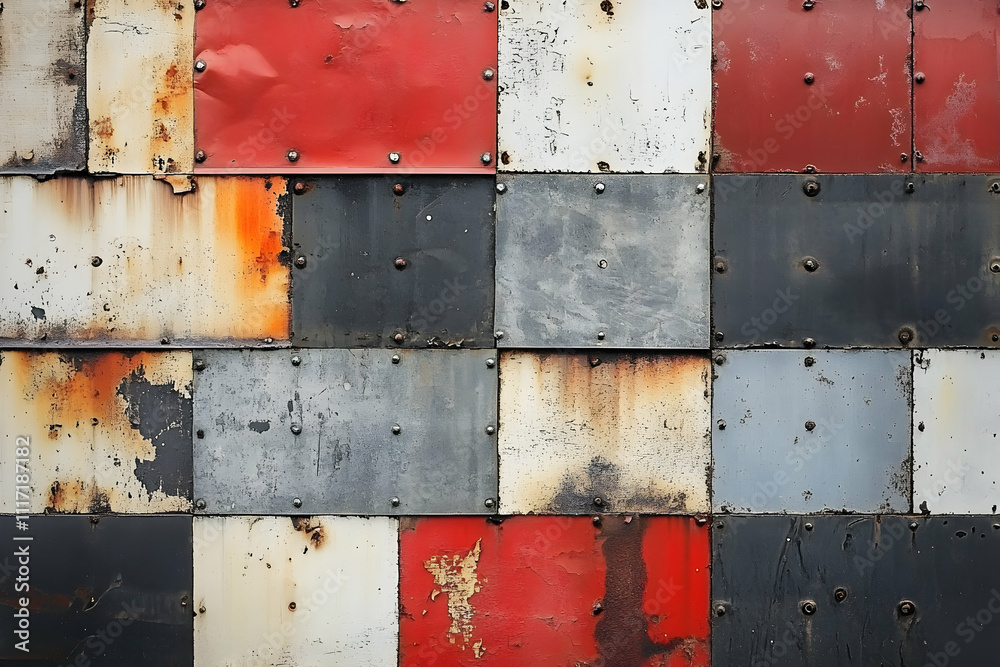 Rusty metal wall with red, white, gray, and black square panels. Rusty metal wall with red, white, gray, and black square panels.