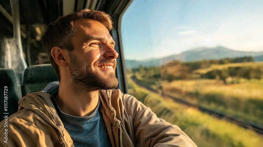 Happy man enjoys scenic train journey, looking out window at beautiful landscape. Happy man enjoys scenic train journey, looking out window at beautiful landscape.
