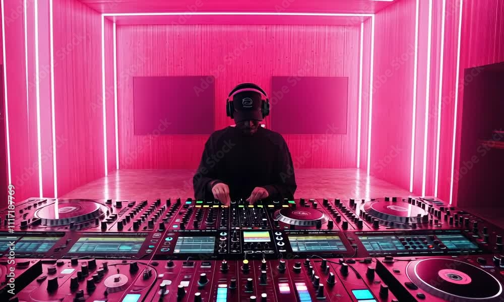 DJ performing in a vibrant, neon-lit studio space.