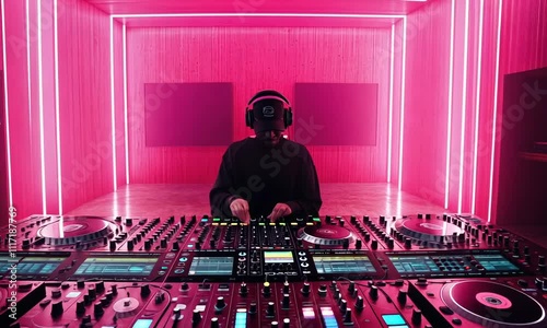 DJ performing in a vibrant, neon-lit studio space.