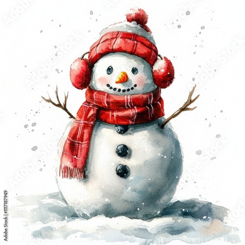 Watercolor painting of a snowman with a red scarf and earmuffs, on isolated white background