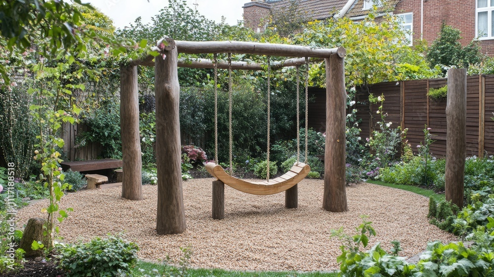 Charming Wooden Swing Set in Lush Garden Setting with Greenery Charming Wooden Swing Set in Lush Garden Setting with Greenery
