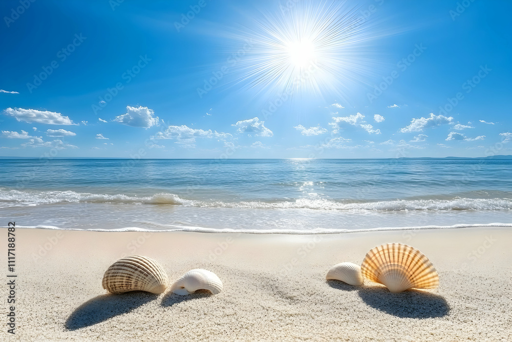 Seashells on sunny beach with ocean waves. Seashells on sunny beach with ocean waves.