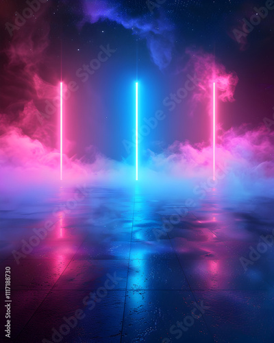 Wallpaper Mural A neon sign with three glowing lights and a cloud of smoke in the background. The lights are blue and pink, creating a futuristic and mysterious atmosphere Torontodigital.ca