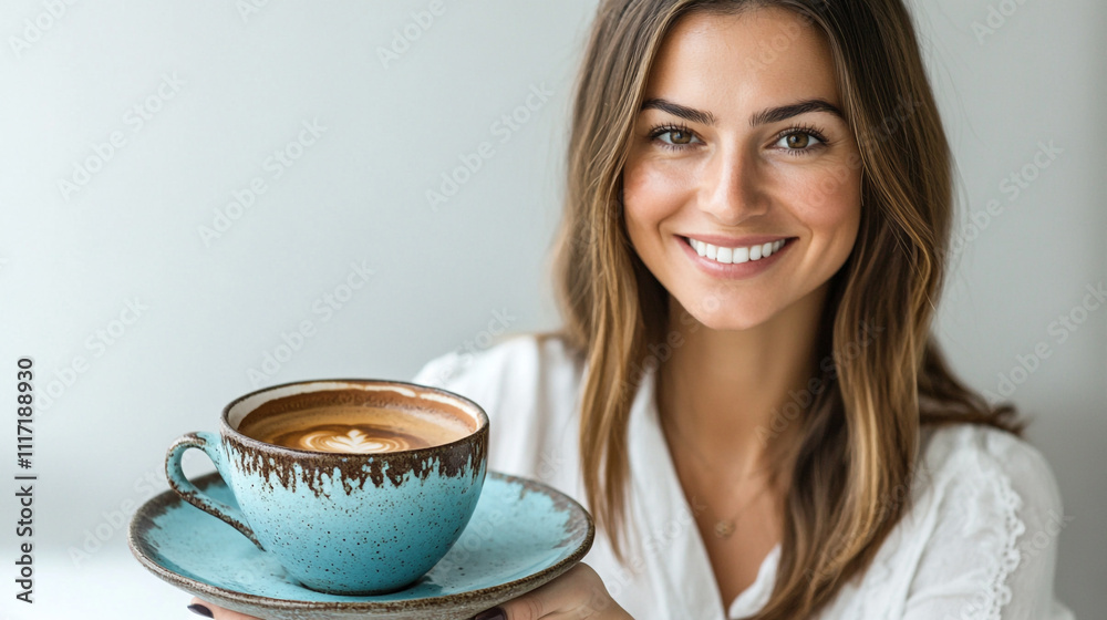 Woman Holding Latte Art Coffee Cup Smiling Woman Holding Latte Art Coffee Cup Smiling