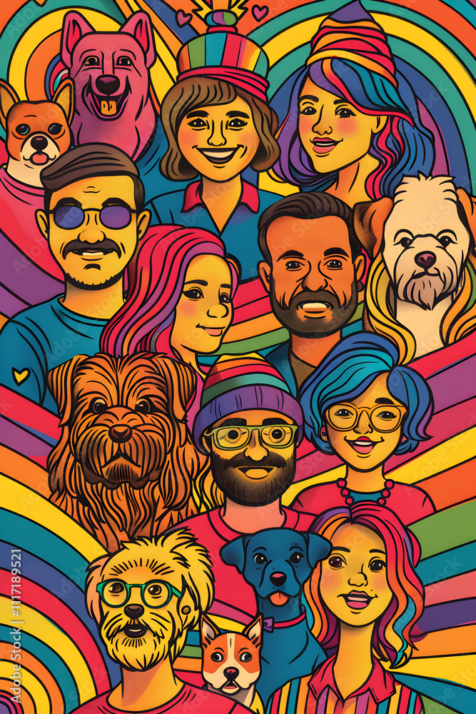 Fototapeta premium A colorful drawing of people and dogs with a rainbow background. The people are smiling and the dogs are wagging their tails. Scene is happy and cheerful