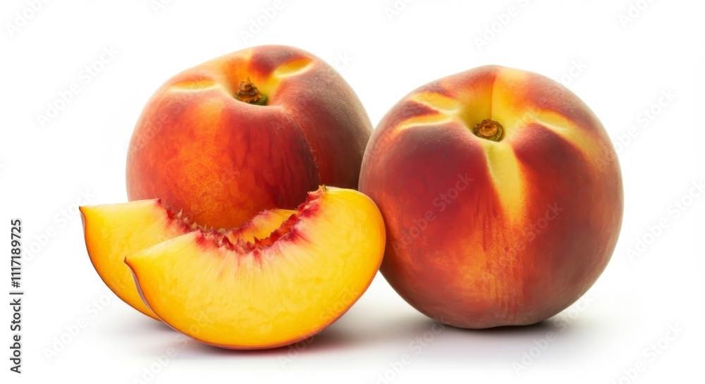Two Whole Peaches and a Slice Displayed on White background Two Whole Peaches and a Slice Displayed on White background