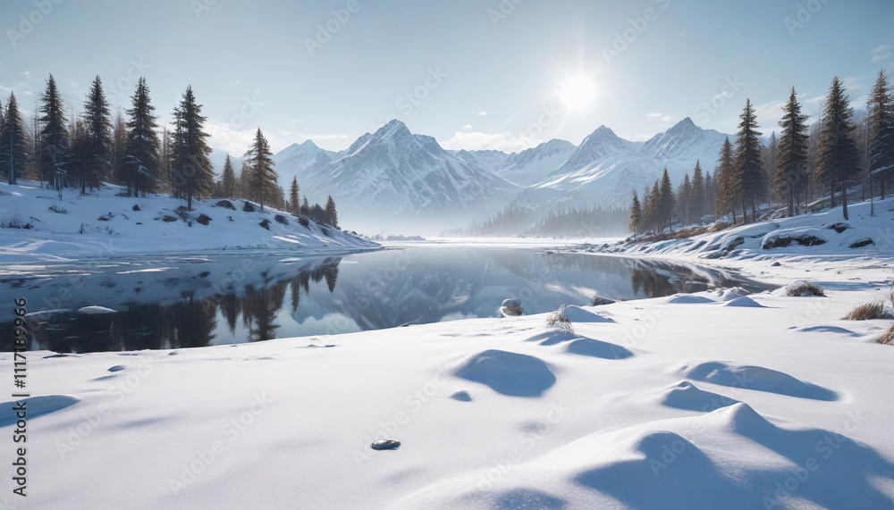 A snowy landscape with a frozen lake in the background, frozen lake, serene atmosphere A snowy landscape with a frozen lake in the background, frozen lake, serene atmosphere