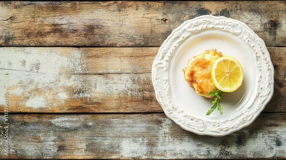 Delicious Baked Dish with Lemon Slice on Rustic Wooden Surface Delicious Baked Dish with Lemon Slice on Rustic Wooden Surface