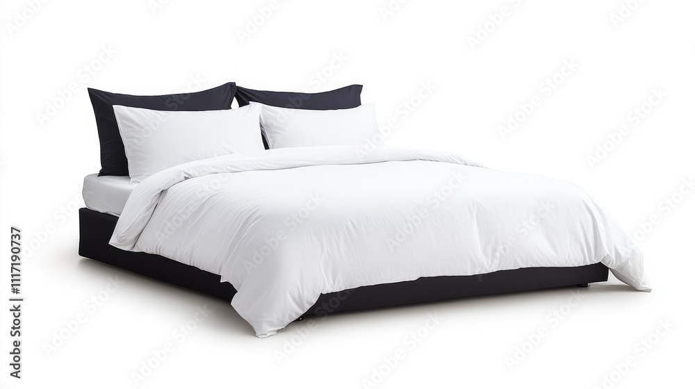 Minimalist White Bed with Soft Linen and Pillows Isolated Minimalist White Bed with Soft Linen and Pillows Isolated