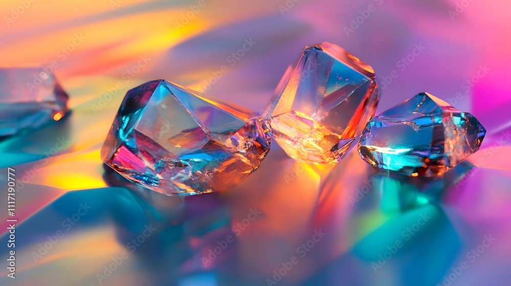 Iridescent crystals on holographic surface. Iridescent crystals on holographic surface.