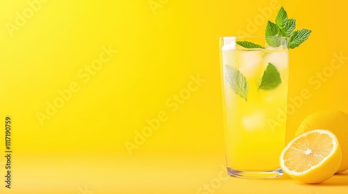 Vibrant summer cocktail with lemon and mint leaves on a pastel yellow background, with space for text or design. Golden mojito mocktail in a tall glass cup. Flat lay style. 