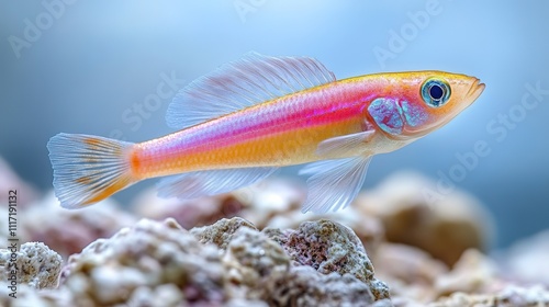 Underwater shot of labeo frenatus glofish fish close up Albino Redfin Shark , water waves underwater blue ocean swimming pool wide panorama background white sandy seabed and coral reef isolated white  photo