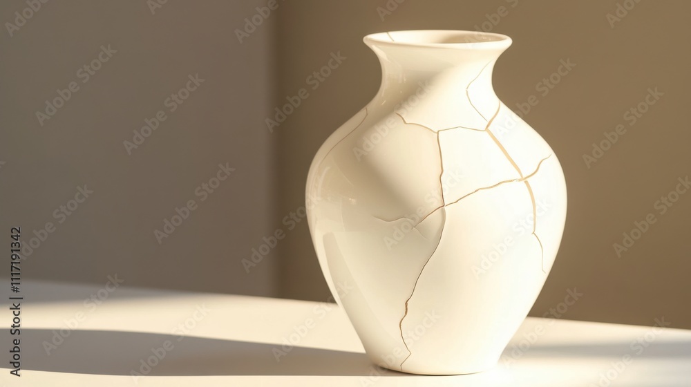 Fragile porcelain vase cracked and slightly tilted on white table,symbolizing vulnerability and fragility in life and relationships Fragile porcelain vase cracked and slightly tilted on white table,symbolizing vulnerability and fragility in life and relationships